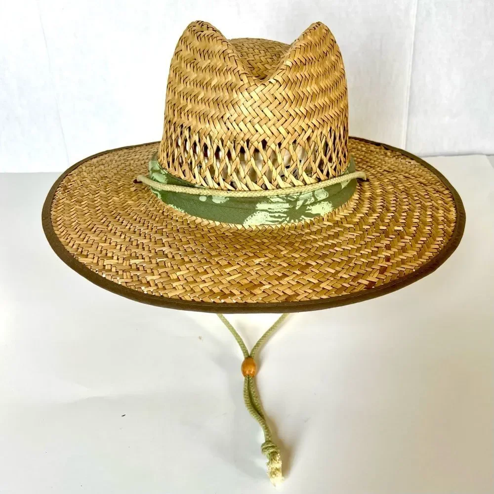 Dorfman Pacific Wide Brim Natural Straw Sun Hat with Green Band Chin Strap XL